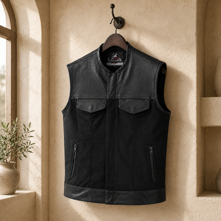 Collarless Men’s Cordura Motorcycle Vest – Textile Biker Vest with Cowhide Leather Trim, Concealed Carry Pockets &amp; Dual Closure