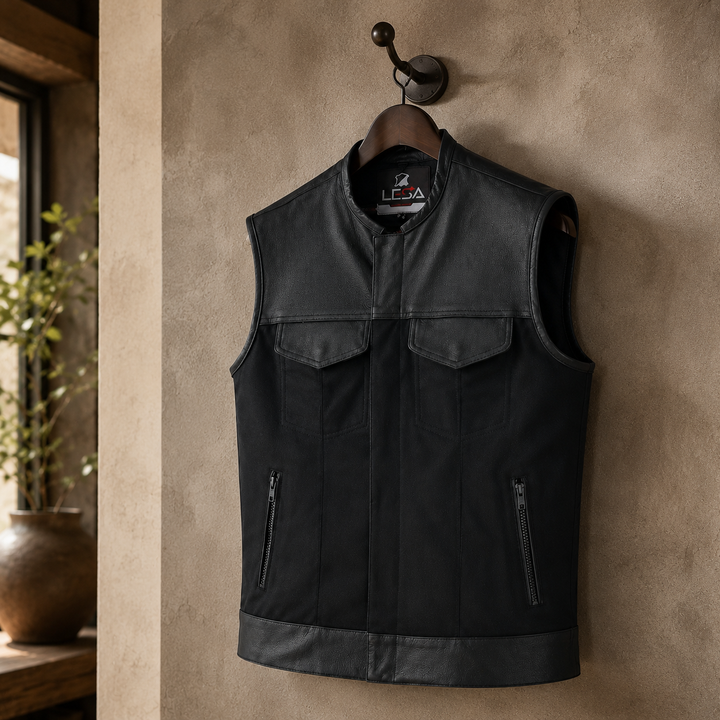 Collarless Men’s Cordura Motorcycle Vest – Textile Biker Vest with Cowhide Leather Trim, Concealed Carry Pockets &amp; Dual Closure