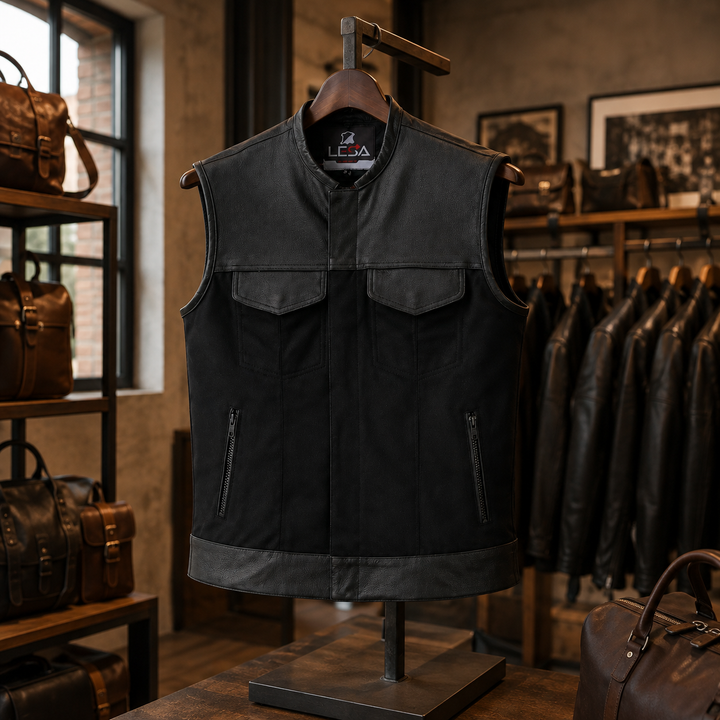 Collarless Men’s Cordura Motorcycle Vest – Textile Biker Vest with Cowhide Leather Trim, Concealed Carry Pockets &amp; Dual Closure