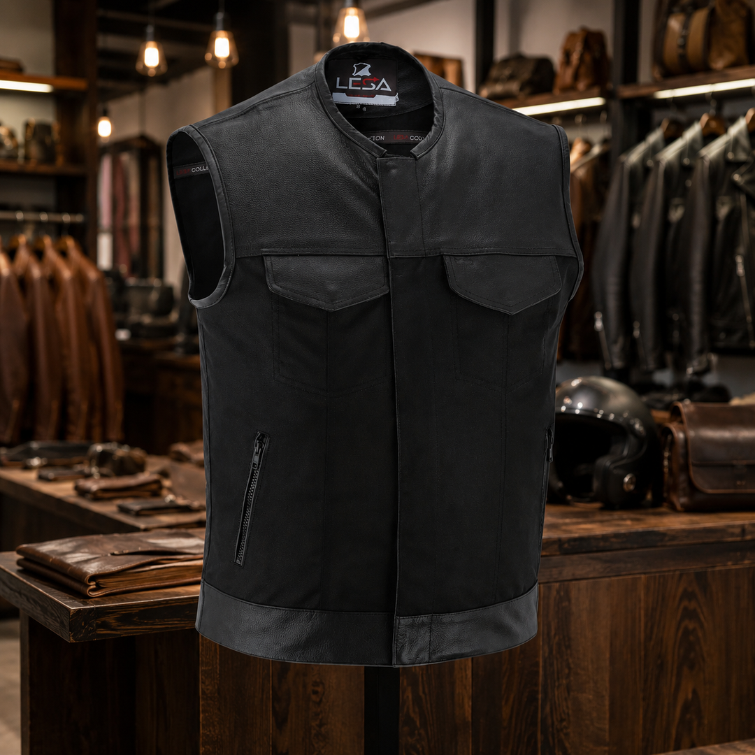 Collarless Men’s Cordura Motorcycle Vest – Textile Biker Vest with Cowhide Leather Trim, Concealed Carry Pockets &amp; Dual Closure