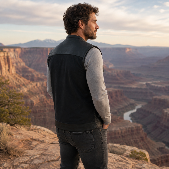 Collarless Men’s Cordura Motorcycle Vest – Textile Biker Vest with Cowhide Leather Trim, Concealed Carry Pockets &amp; Dual Closure