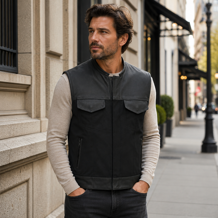 Collarless Men’s Cordura Motorcycle Vest – Textile Biker Vest with Cowhide Leather Trim, Concealed Carry Pockets &amp; Dual Closure