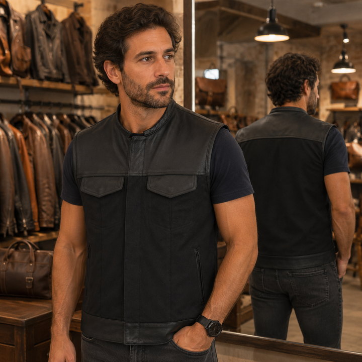 Collarless Men’s Cordura Motorcycle Vest – Textile Biker Vest with Cowhide Leather Trim, Concealed Carry Pockets &amp; Dual Closure