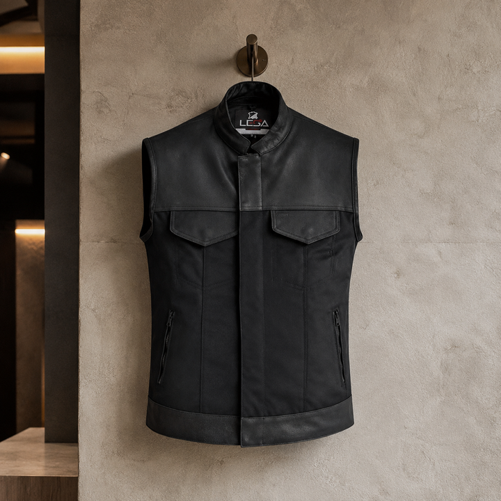 Men’s Cordura Motorcycle Vest – Textile Biker Vest with Cowhide Leather Trim, Concealed Carry Pockets &amp; Dual Closure
