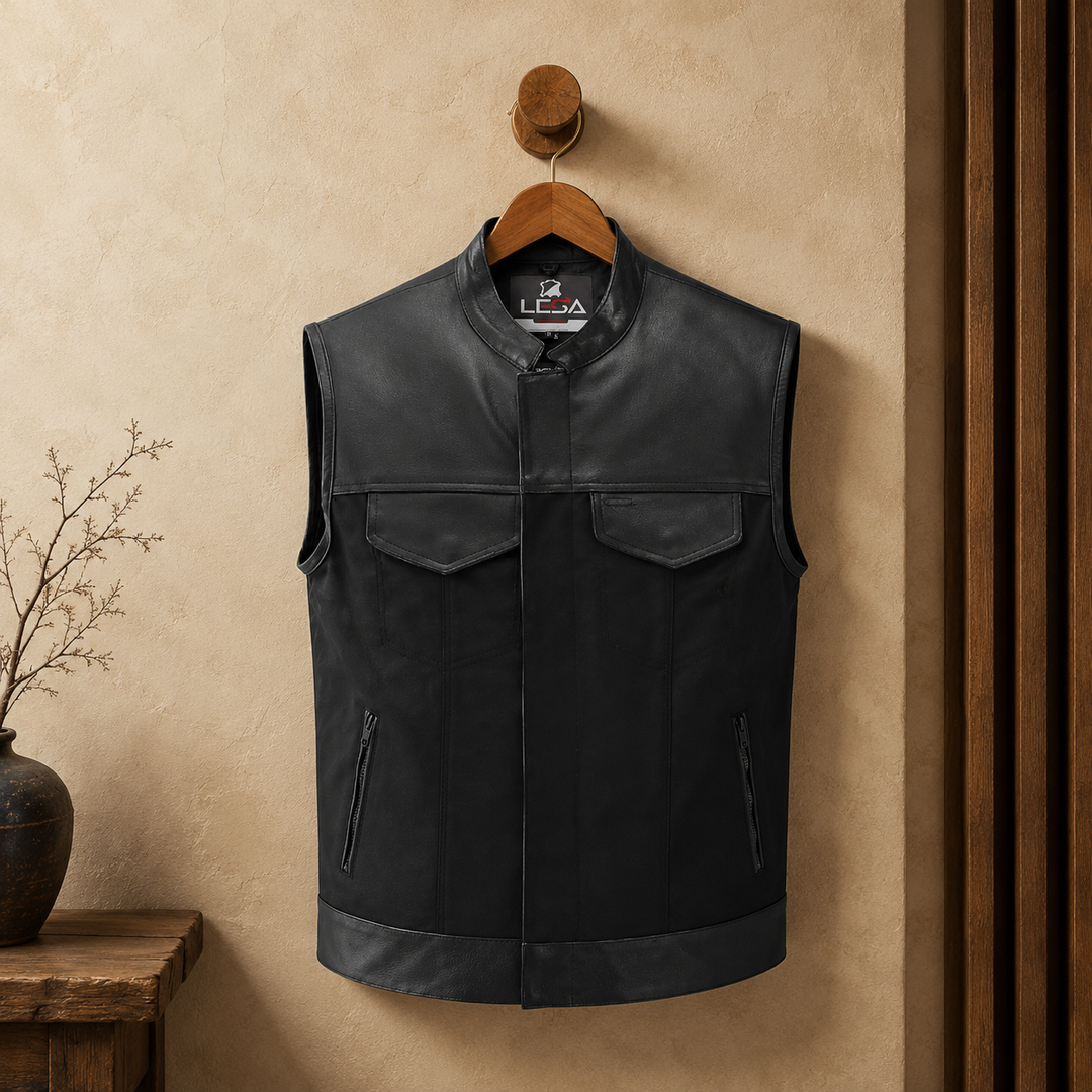 Men’s Cordura Motorcycle Vest – Textile Biker Vest with Cowhide Leather Trim, Concealed Carry Pockets &amp; Dual Closure
