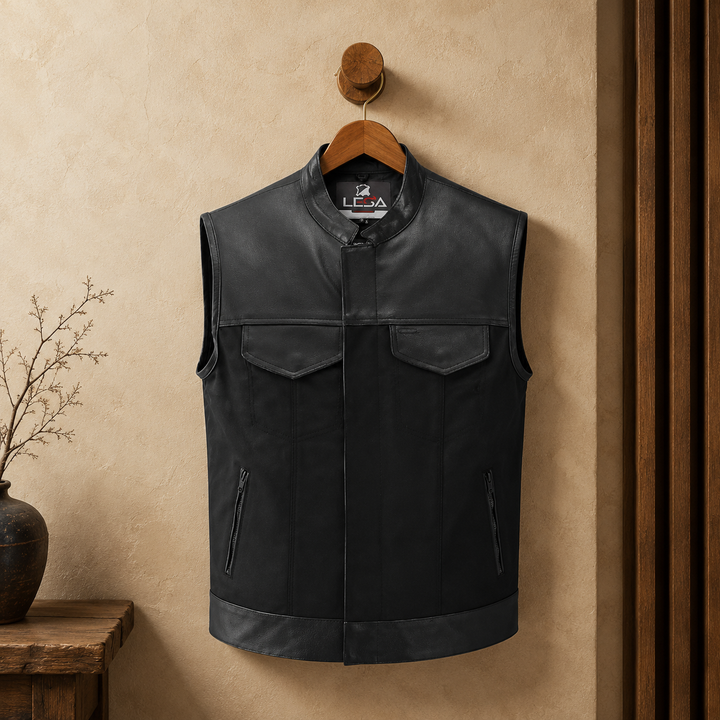 Men’s Cordura Motorcycle Vest – Textile Biker Vest with Cowhide Leather Trim, Concealed Carry Pockets &amp; Dual Closure