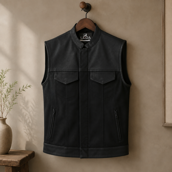 Men’s Cordura Motorcycle Vest – Textile Biker Vest with Cowhide Leather Trim, Concealed Carry Pockets &amp; Dual Closure