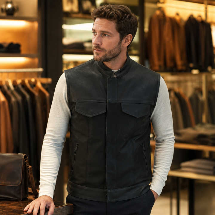 Men’s Cordura Motorcycle Vest – Textile Biker Vest with Cowhide Leather Trim, Concealed Carry Pockets &amp; Dual Closure