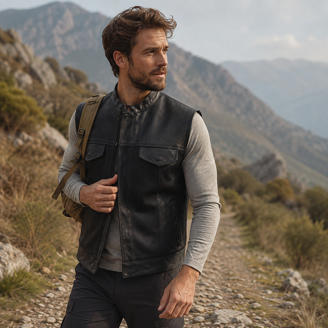 Men’s Cordura Motorcycle Vest – Textile Biker Vest with Cowhide Leather Trim, Concealed Carry Pockets &amp; Dual Closure