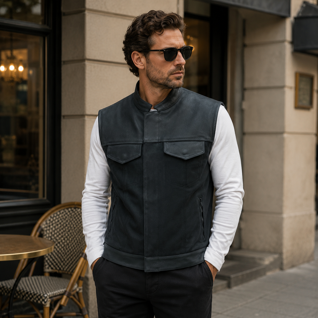 Men’s Cordura Motorcycle Vest – Textile Biker Vest with Cowhide Leather Trim, Concealed Carry Pockets &amp; Dual Closure