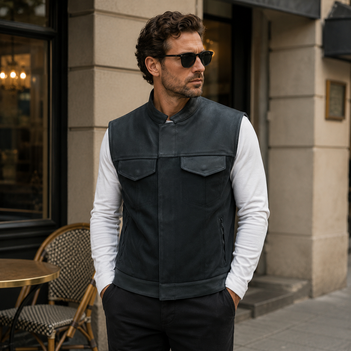 Men’s Cordura Motorcycle Vest – Textile Biker Vest with Cowhide Leather Trim, Concealed Carry Pockets &amp; Dual Closure