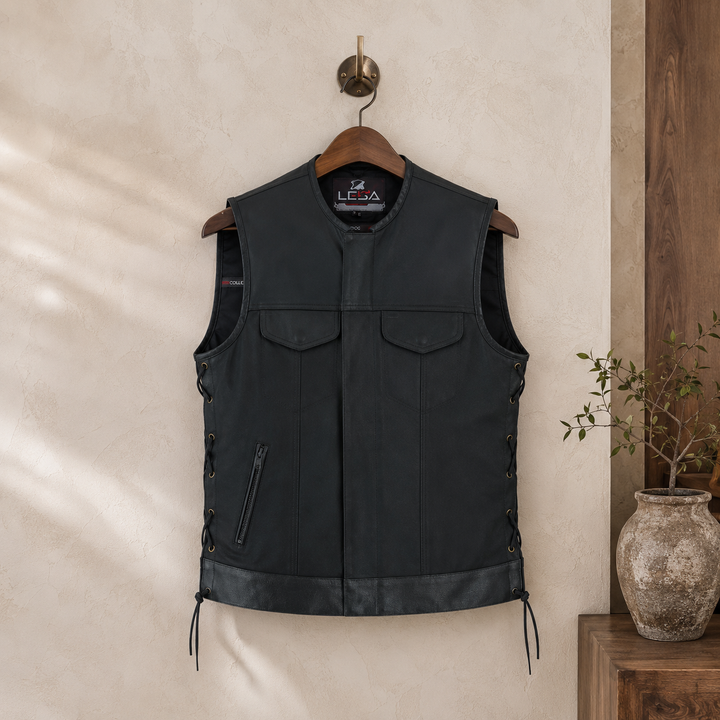 Men’s Motorcycle Vest – Durable Textile Biker Vest with Genuine Leather Trim, Side Laces, Concealed Carry Pockets &amp; Multi Pocket Storage