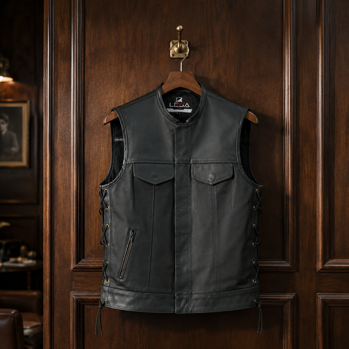 Men’s Motorcycle Vest – Durable Textile Biker Vest with Genuine Leather Trim, Side Laces, Concealed Carry Pockets &amp; Multi Pocket Storage