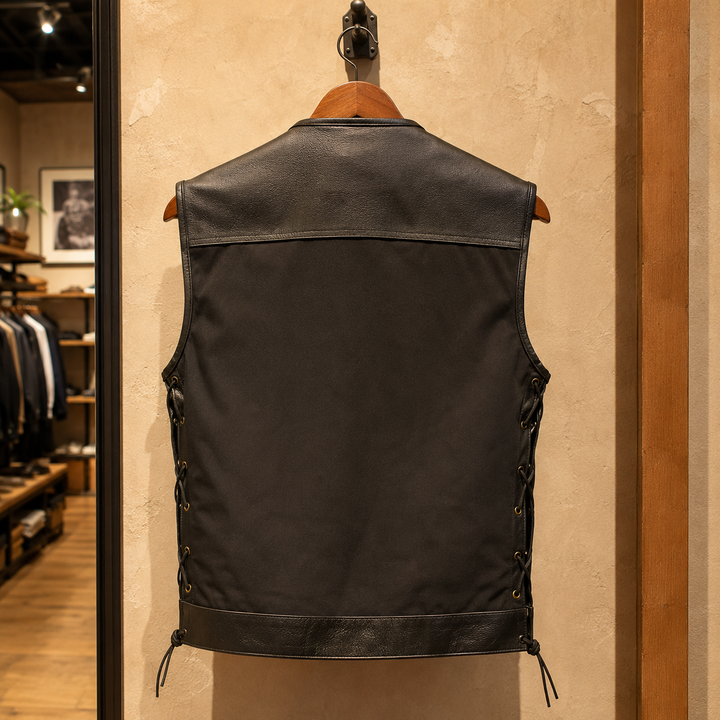 Men’s Motorcycle Vest – Durable Textile Biker Vest with Genuine Leather Trim, Side Laces, Concealed Carry Pockets &amp; Multi Pocket Storage