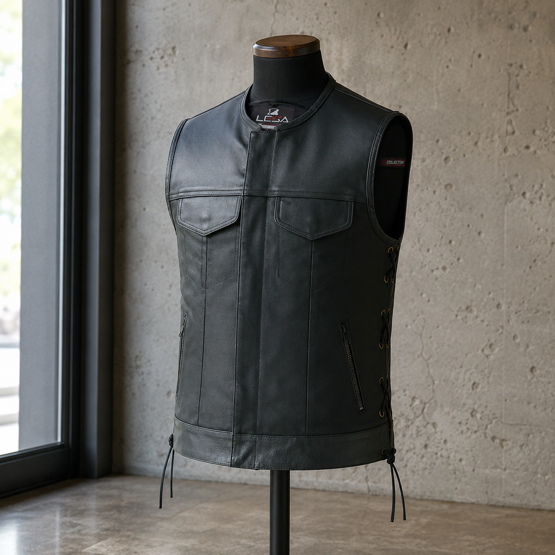 Men’s Motorcycle Vest – Durable Textile Biker Vest with Genuine Leather Trim, Side Laces, Concealed Carry Pockets &amp; Multi Pocket Storage