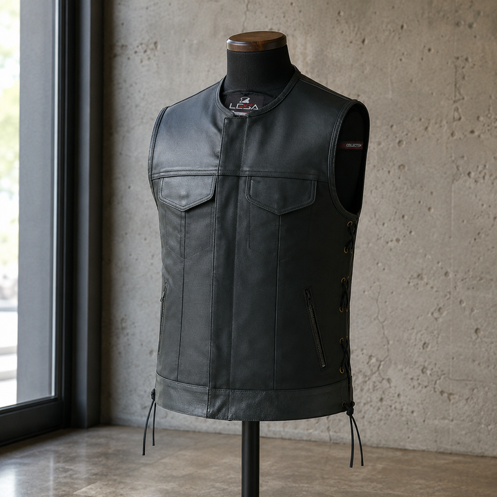 Men’s Motorcycle Vest – Durable Textile Biker Vest with Genuine Leather Trim, Side Laces, Concealed Carry Pockets &amp; Multi Pocket Storage