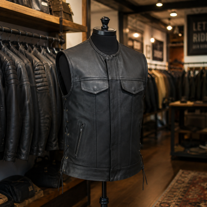 Men’s Motorcycle Vest – Durable Textile Biker Vest with Genuine Leather Trim, Side Laces, Concealed Carry Pockets &amp; Multi Pocket Storage