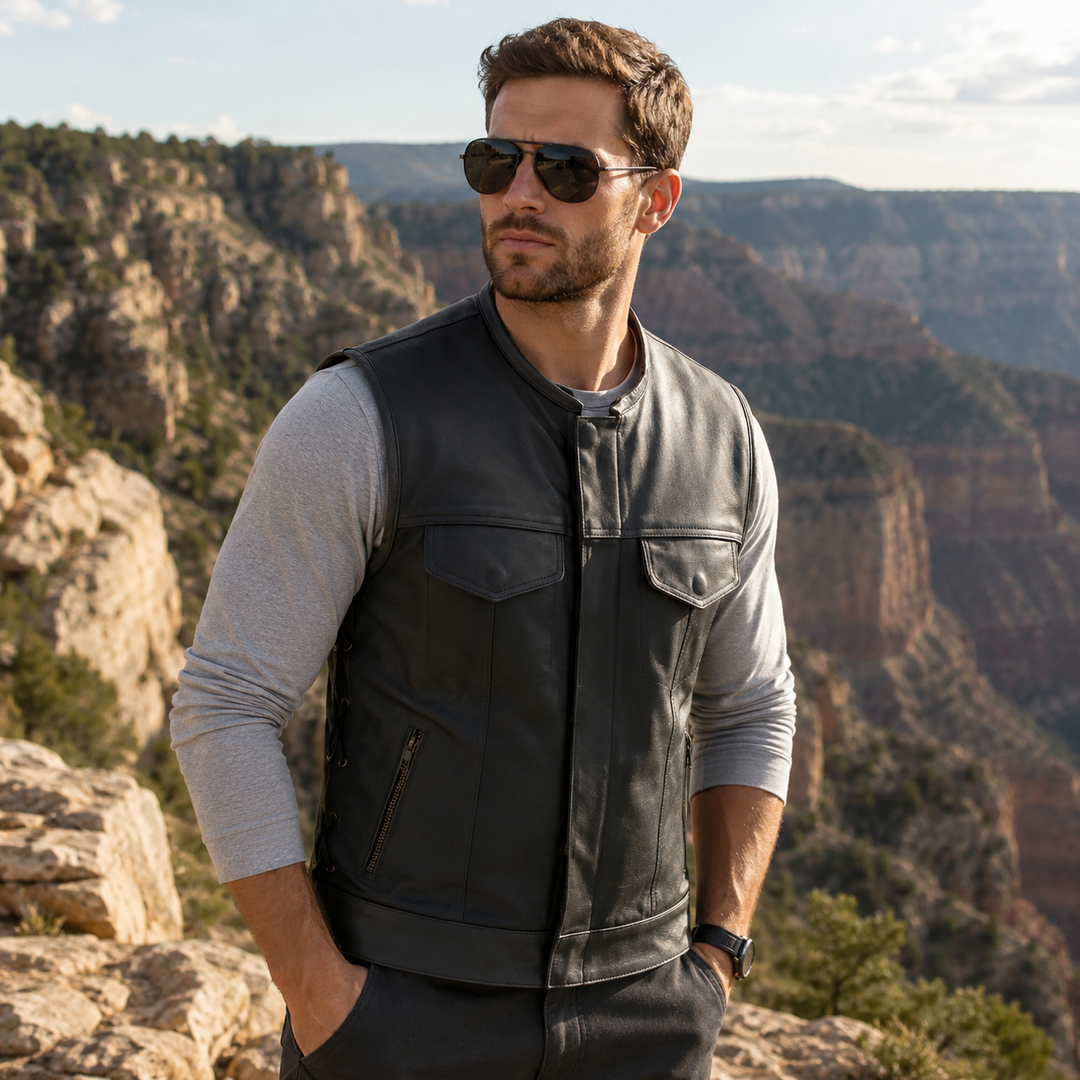 Men’s Motorcycle Vest – Durable Textile Biker Vest with Genuine Leather Trim, Side Laces, Concealed Carry Pockets &amp; Multi Pocket Storage