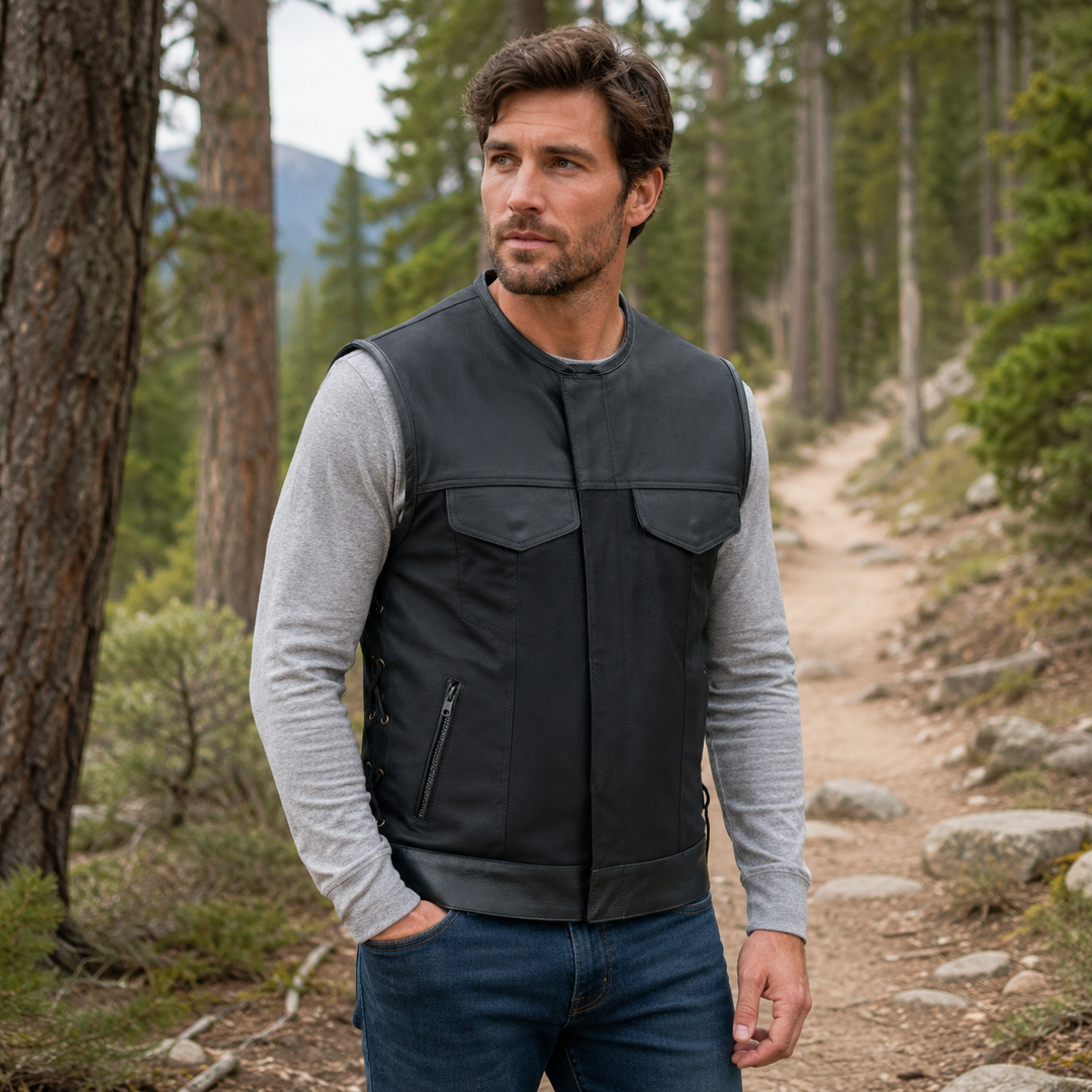 Men’s Motorcycle Vest – Durable Textile Biker Vest with Genuine Leather Trim, Side Laces, Concealed Carry Pockets &amp; Multi Pocket Storage