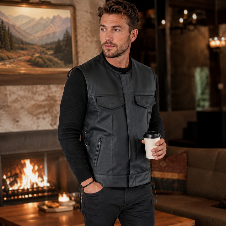 Men’s Motorcycle Vest – Durable Textile Biker Vest with Genuine Leather Trim, Side Laces, Concealed Carry Pockets &amp; Multi Pocket Storage