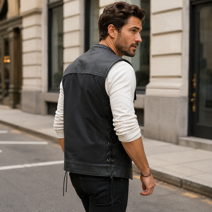 Men’s Motorcycle Vest – Durable Textile Biker Vest with Genuine Leather Trim, Side Laces, Concealed Carry Pockets &amp; Multi Pocket Storage