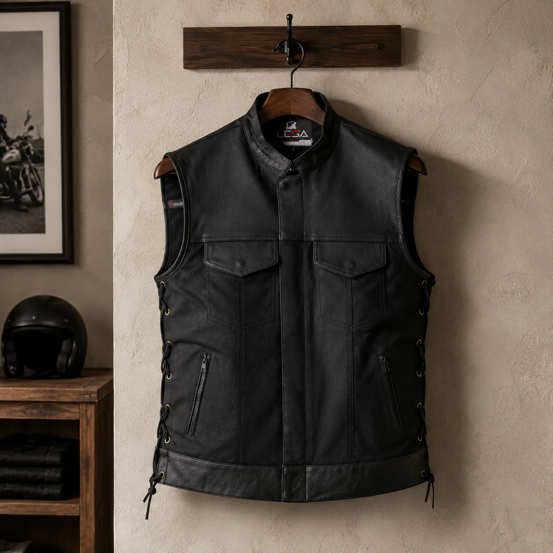 Men’s Textile &amp; Leather Motorcycle Vest – Collar Biker Vest with Side Laces, Concealed Carry Pockets &amp; Hidden Zipper Closure