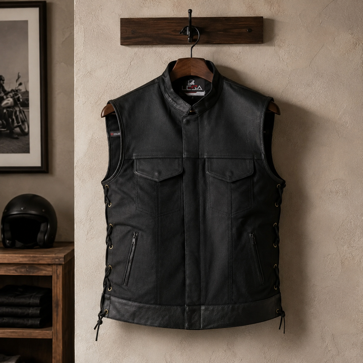 Men’s Textile &amp; Leather Motorcycle Vest – Collar Biker Vest with Side Laces, Concealed Carry Pockets &amp; Hidden Zipper Closure