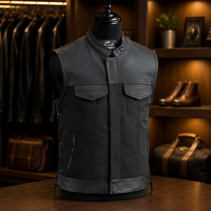 Men’s Textile &amp; Leather Motorcycle Vest – Collar Biker Vest with Side Laces, Concealed Carry Pockets &amp; Hidden Zipper Closure