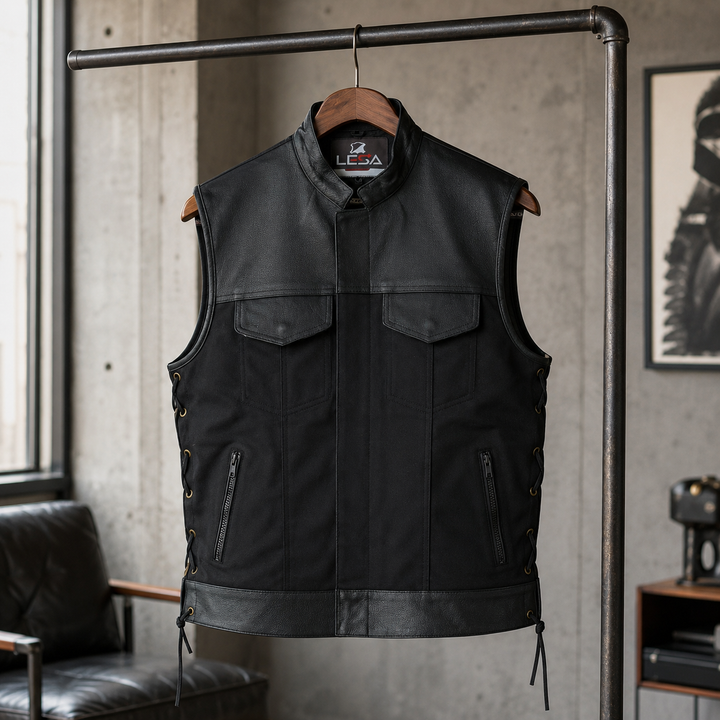 Men’s Textile &amp; Leather Motorcycle Vest – Collar Biker Vest with Side Laces, Concealed Carry Pockets &amp; Hidden Zipper Closure