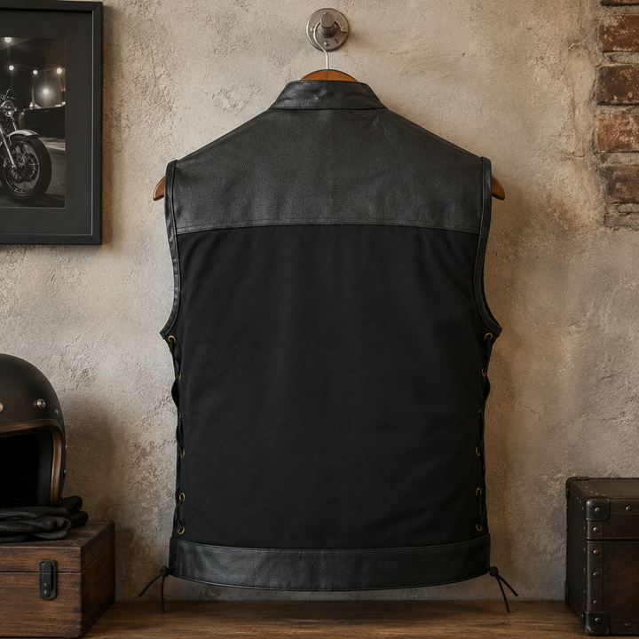 Men’s Textile &amp; Leather Motorcycle Vest – Collar Biker Vest with Side Laces, Concealed Carry Pockets &amp; Hidden Zipper Closure