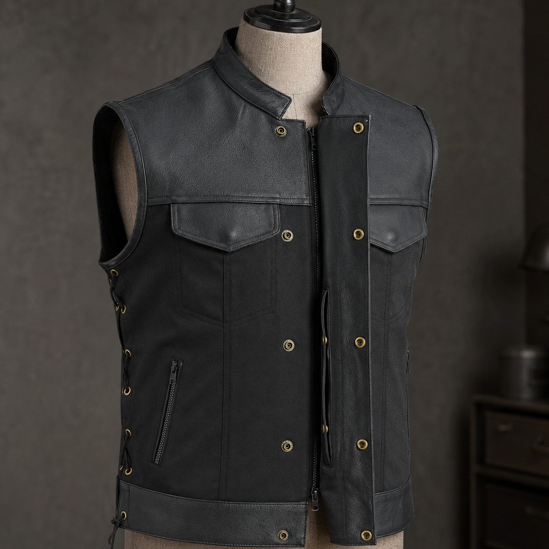 Men’s Textile &amp; Leather Motorcycle Vest – Collar Biker Vest with Side Laces, Concealed Carry Pockets &amp; Hidden Zipper Closure