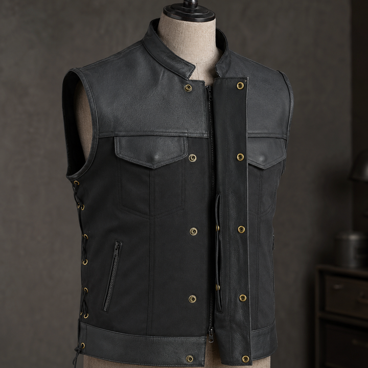 Men’s Textile &amp; Leather Motorcycle Vest – Collar Biker Vest with Side Laces, Concealed Carry Pockets &amp; Hidden Zipper Closure
