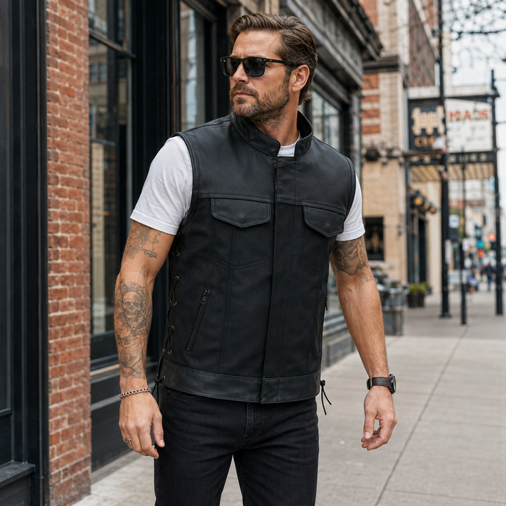 Men’s Textile &amp; Leather Motorcycle Vest – Collar Biker Vest with Side Laces, Concealed Carry Pockets &amp; Hidden Zipper Closure