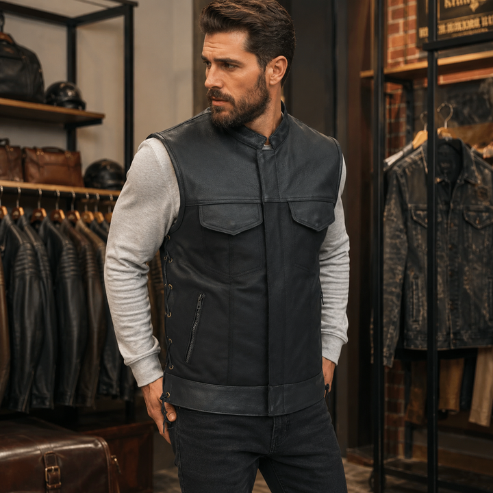 Men’s Textile &amp; Leather Motorcycle Vest – Collar Biker Vest with Side Laces, Concealed Carry Pockets &amp; Hidden Zipper Closure