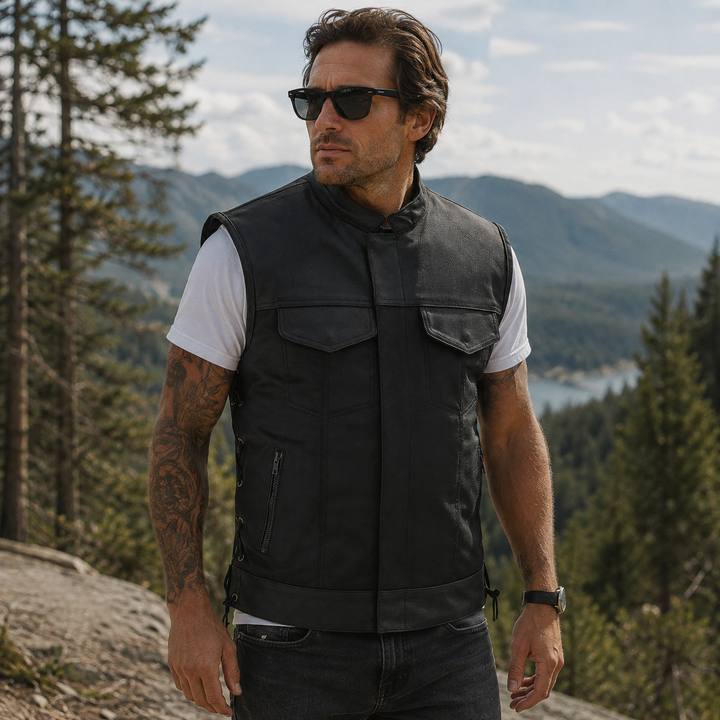 Men’s Textile &amp; Leather Motorcycle Vest – Collar Biker Vest with Side Laces, Concealed Carry Pockets &amp; Hidden Zipper Closure