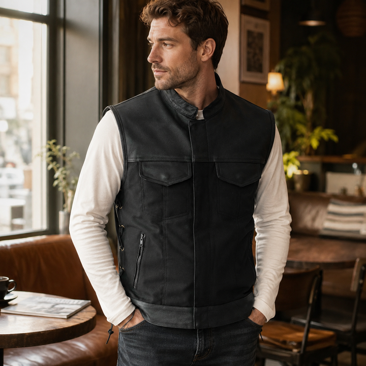 Men’s Textile &amp; Leather Motorcycle Vest – Collar Biker Vest with Side Laces, Concealed Carry Pockets &amp; Hidden Zipper Closure