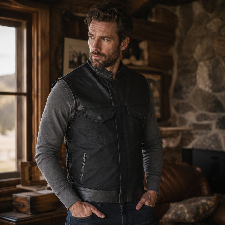 Men’s Textile &amp; Leather Motorcycle Vest – Collar Biker Vest with Side Laces, Concealed Carry Pockets &amp; Hidden Zipper Closure
