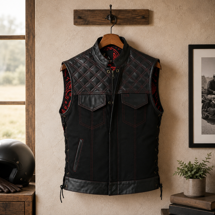 Men’s Quilted Denim &amp; Leather Motorcycle Vest – Diamond Stitch Biker Vest with Side Laces, Dual Closure &amp; Concealed Carry Pockets