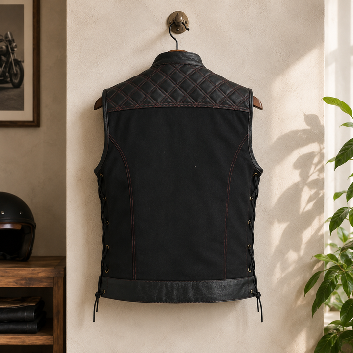 Men’s Quilted Denim &amp; Leather Motorcycle Vest – Diamond Stitch Biker Vest with Side Laces, Dual Closure &amp; Concealed Carry Pockets
