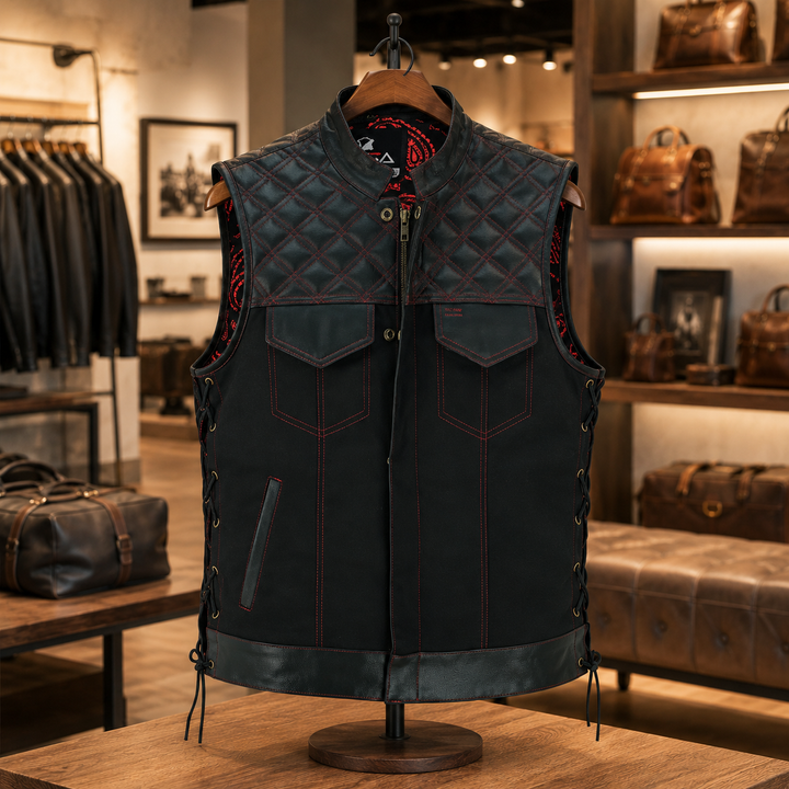 Men’s Quilted Denim &amp; Leather Motorcycle Vest – Diamond Stitch Biker Vest with Side Laces, Dual Closure &amp; Concealed Carry Pockets