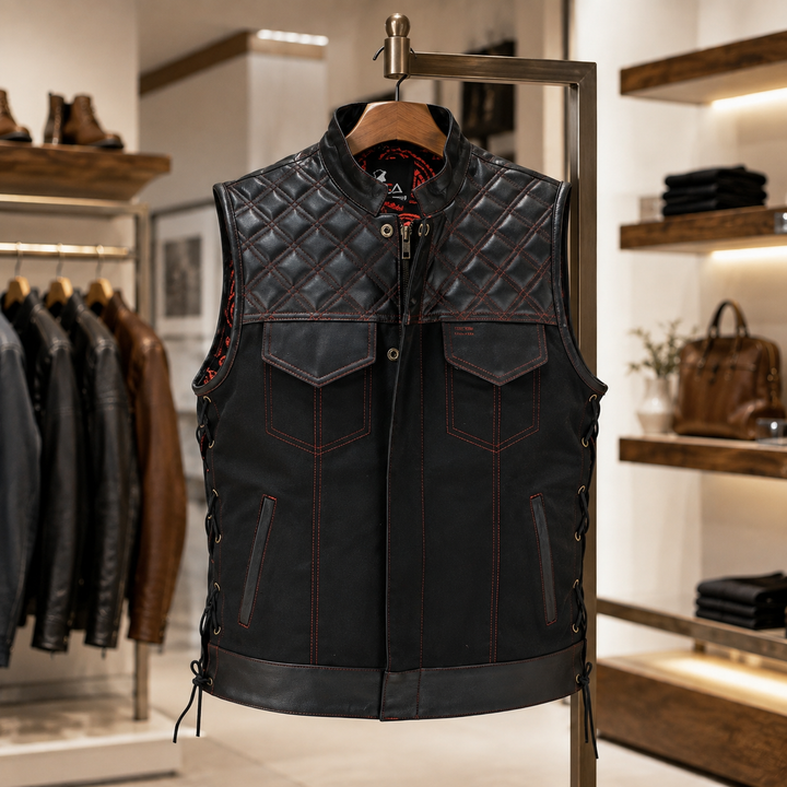 Men’s Quilted Denim &amp; Leather Motorcycle Vest – Diamond Stitch Biker Vest with Side Laces, Dual Closure &amp; Concealed Carry Pockets