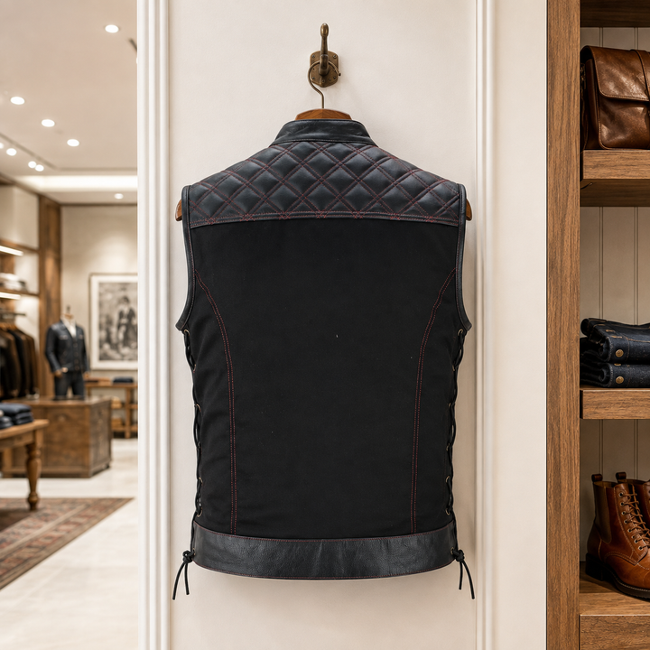 Men’s Quilted Denim &amp; Leather Motorcycle Vest – Diamond Stitch Biker Vest with Side Laces, Dual Closure &amp; Concealed Carry Pockets