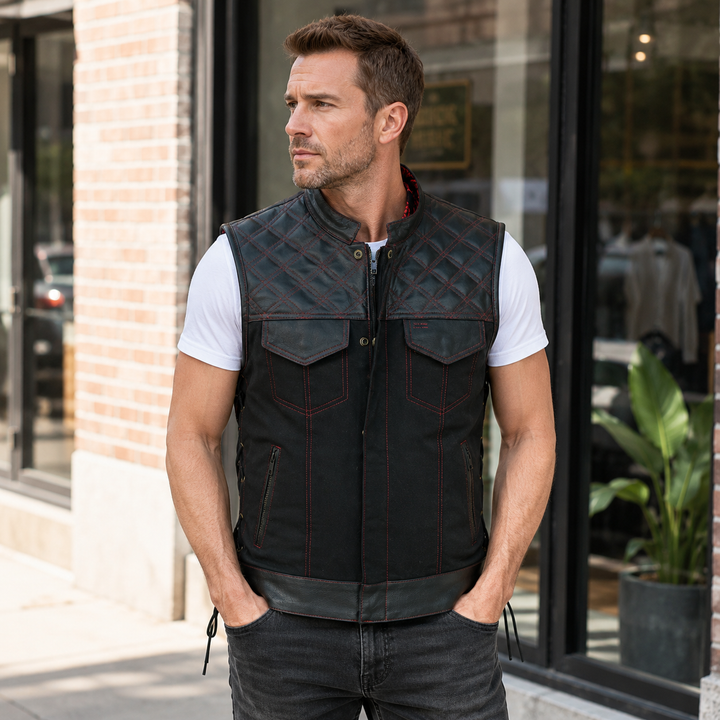 Men’s Quilted Denim &amp; Leather Motorcycle Vest – Diamond Stitch Biker Vest with Side Laces, Dual Closure &amp; Concealed Carry Pockets
