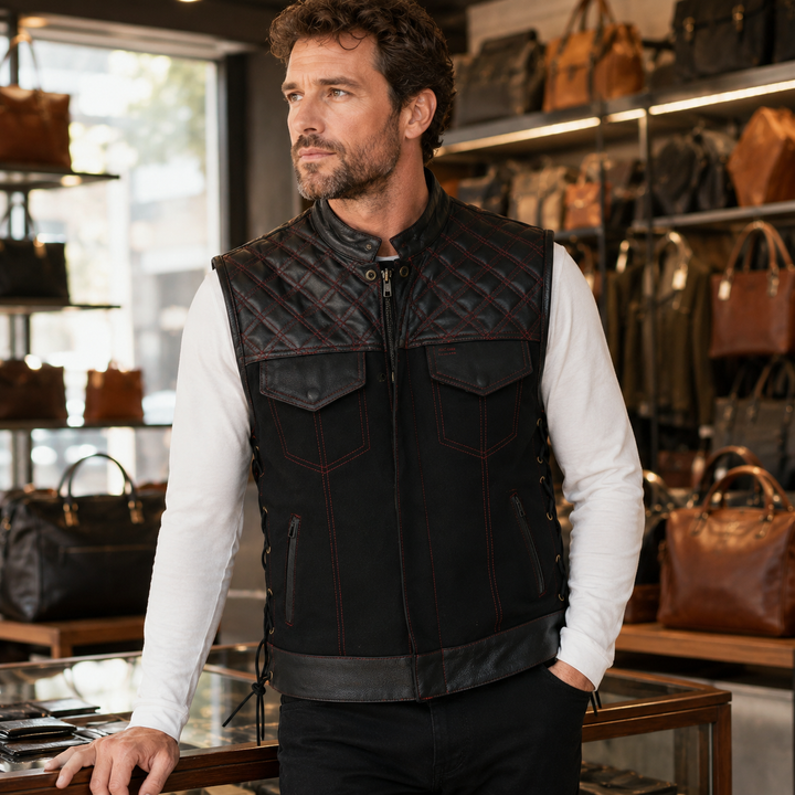 Men’s Quilted Denim &amp; Leather Motorcycle Vest – Diamond Stitch Biker Vest with Side Laces, Dual Closure &amp; Concealed Carry Pockets