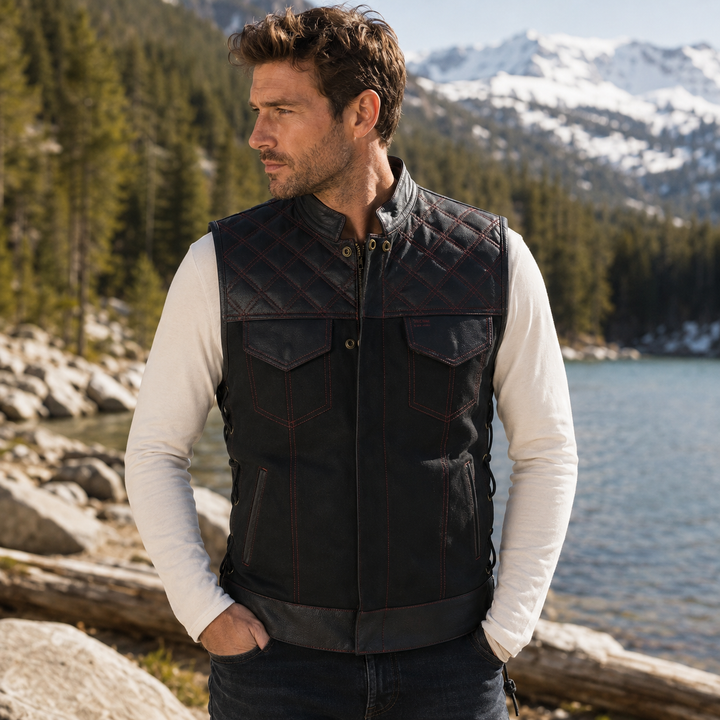 Men’s Quilted Denim &amp; Leather Motorcycle Vest – Diamond Stitch Biker Vest with Side Laces, Dual Closure &amp; Concealed Carry Pockets