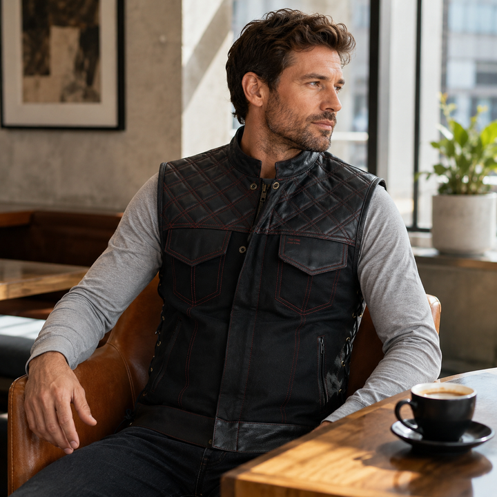 Men’s Quilted Denim &amp; Leather Motorcycle Vest – Diamond Stitch Biker Vest with Side Laces, Dual Closure &amp; Concealed Carry Pockets