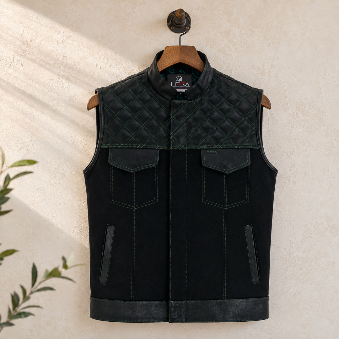 Men’s Black Denim Motorcycle Vest – Green Diamond Quilted SOA Style Biker Vest with Side Laces, Zipper Snap Closure &amp; Multi Pockets