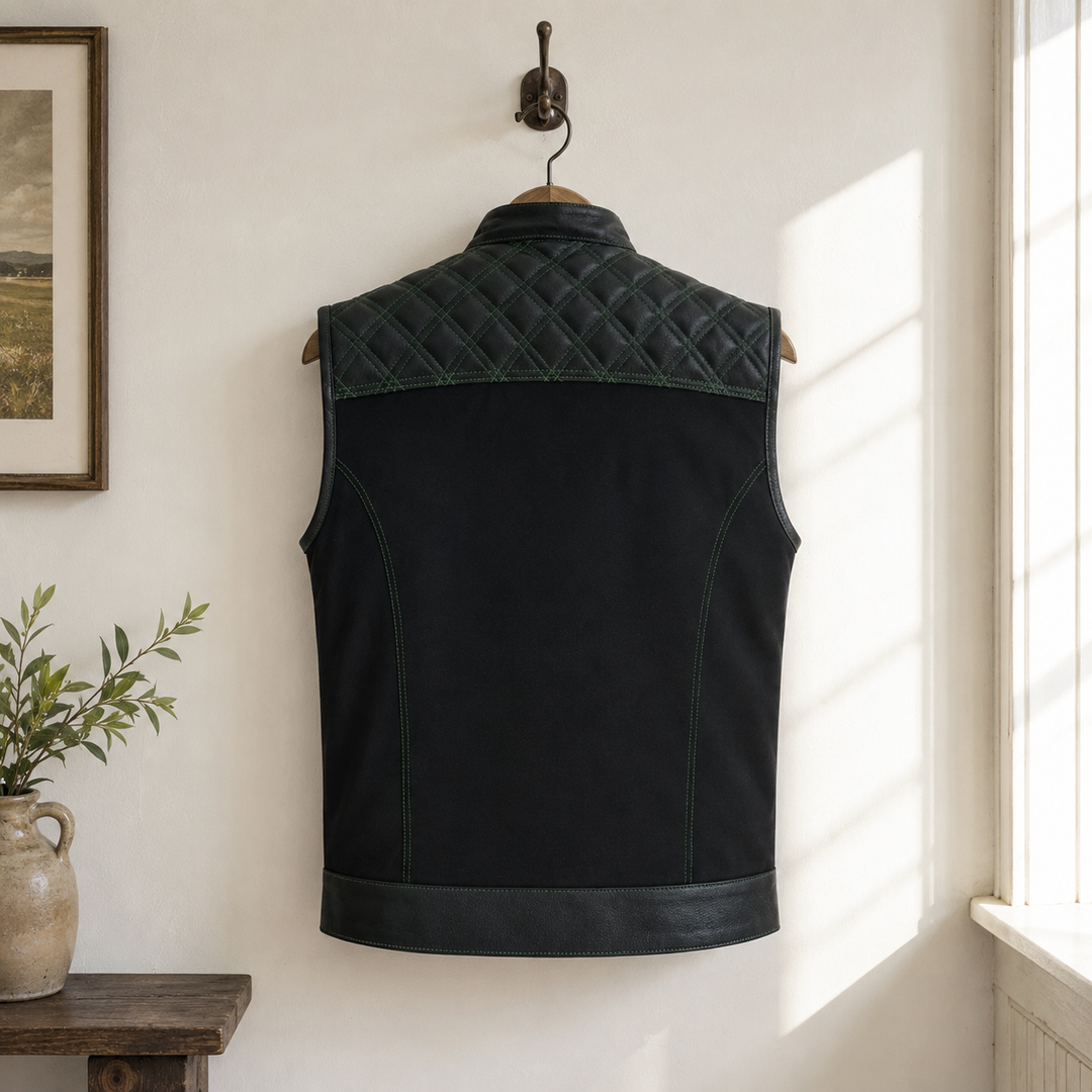 Men’s Black Denim Motorcycle Vest – Green Diamond Quilted SOA Style Biker Vest with Side Laces, Zipper Snap Closure &amp; Multi Pockets