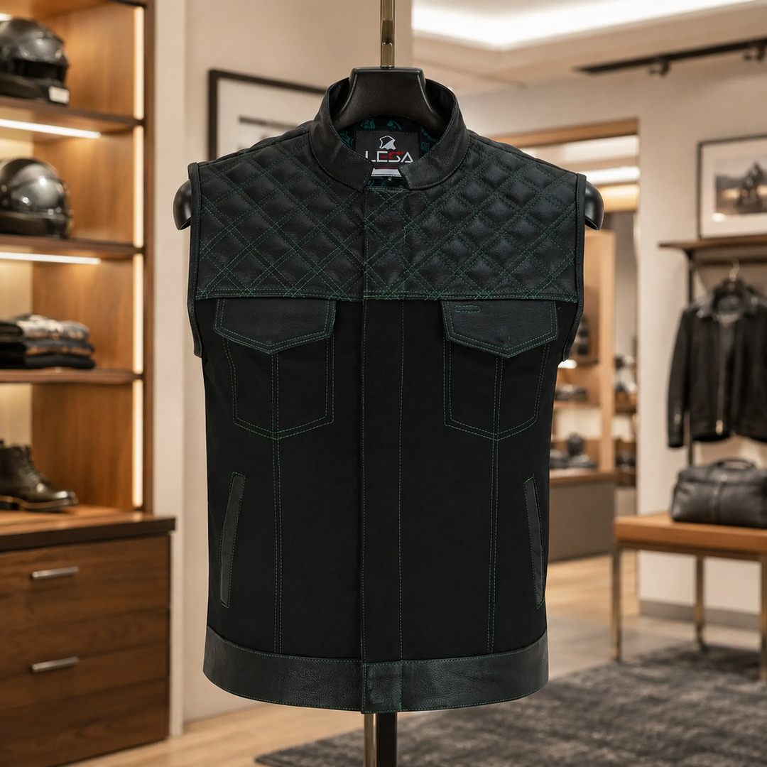 Men’s Black Denim Motorcycle Vest – Green Diamond Quilted SOA Style Biker Vest with Side Laces, Zipper Snap Closure &amp; Multi Pockets