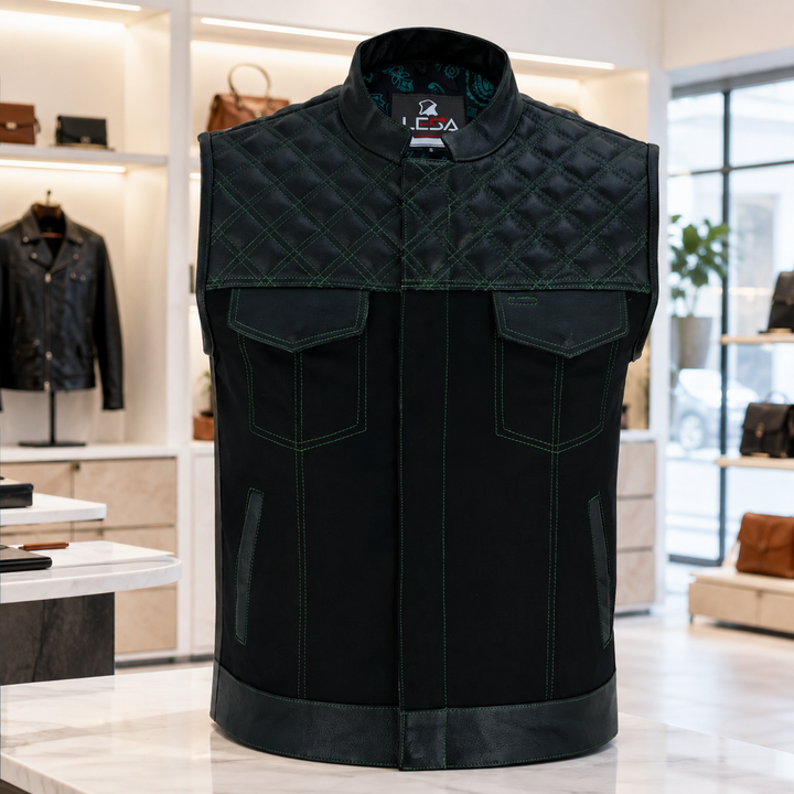 Men’s Black Denim Motorcycle Vest – Green Diamond Quilted SOA Style Biker Vest with Side Laces, Zipper Snap Closure &amp; Multi Pockets